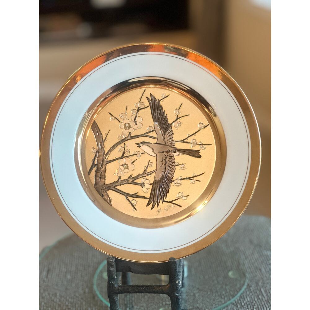 LAL Japan Chokin Art Plate Bird & Cherry Blossoms – Gold & Silver Trim – PL-02